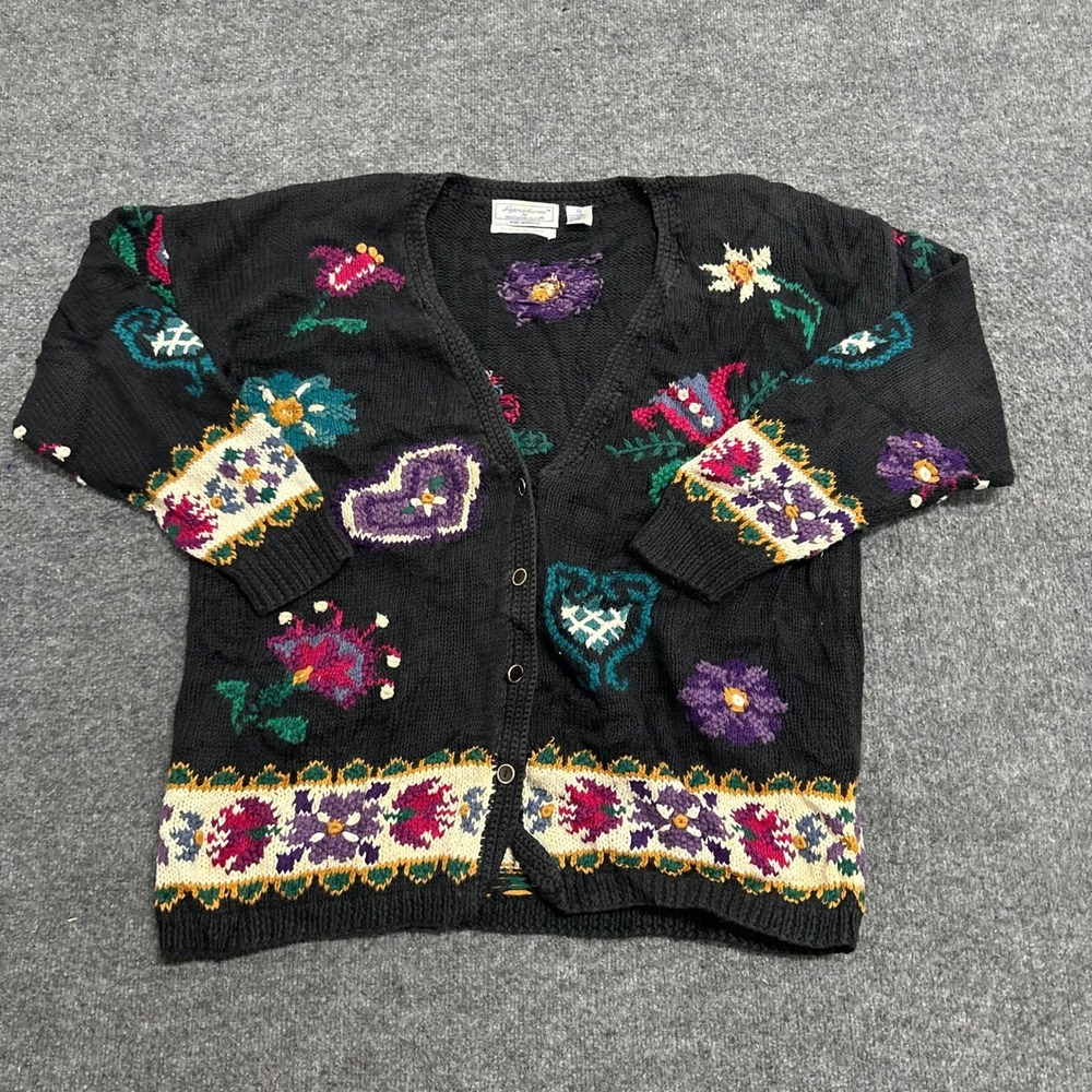 Signatures by Northern Isles Cardigan Womens L Black Ramie Cotton Floral Knit